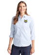 Quinnipiac Bobcats Cutter & Buck Stretch Oxford Stripe Womens Long Sleeve Dress Shirt Light Blue Front
