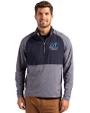 Old Dominion Monarchs College Vault - Cutter & Buck Adapt Eco Knit Hybrid Recycled Mens Quarter Zip Navy Blue Heather/Navy Blue Front