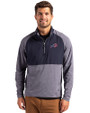 Buffalo Bills Americana Cutter & Buck Adapt Eco Knit Hybrid Recycled Mens Quarter Zip Navy Blue Heather/Navy Blue Front