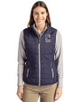 Cleveland Guardians Stars & Stripes Cutter & Buck Rainier PrimaLoft® Womens Eco Insulated Full Zip Puffer Vest Dark Navy/Silver Front