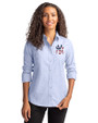 New York Yankees Stars & Stripes Cutter & Buck Stretch Oxford Womens Long Sleeve Dress Shirt Light Blue Front