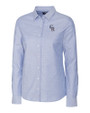 Colorado Rockies Stars & Stripes Cutter & Buck Easy Care Stretch Oxford Womens Long Sleeve Button Down Shirt Light Blue Mannequin