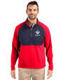 New Orleans Saints Americana Cutter & Buck Adapt Recycled Soft Knit Stretch Mens Hybrid Quarter Zip Pullover  Red/Navy Blue Front
