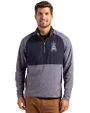 Los Angeles Angels Stars & Stripes Cutter & Buck Adapt Recycled Soft Knit Stretch Mens Hybrid Quarter Zip Pullover  Navy Blue Heather/Navy Blue Front