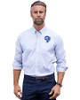 Los Angeles Rams Historic Cutter & Buck Stretch Oxford Stripe Mens Long Sleeve Dress Shirt French Blue Front