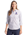 New England Patriots Historic Cutter & Buck Stretch Oxford Stripe Womens Long Sleeve Dress Shirt French Blue Front