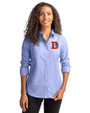Denver Broncos Historic Cutter & Buck Stretch Oxford Womens Long Sleeve Dress Shirt French Blue Front