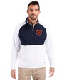 Chicago Bears Historic Cutter & Buck Adapt Eco Knit Hybrid Recycled Mens Quarter Zip White/Navy Blue Front