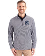 New York Yankees Cutter & Buck Virtue Eco Pique Micro Stripe Recycled Mens Quarter Zip Navy Blue/White Front