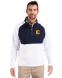 ETSU Buccaneers Cutter & Buck Adapt Recycled Soft Knit Stretch Mens Hybrid Quarter Zip Pullover  White/Navy Blue Front