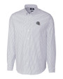 New England Patriots NFL Helmet Cutter & Buck Stretch Oxford Stripe Mens Long Sleeve Dress Shirt Light Blue Mannequin