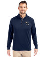 Denver Broncos NFL Helmet Cutter & Buck Adapt Eco Knit Stretch Recycled Mens Quarter Zip Pullover Navy Blue Front