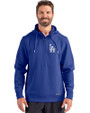 Los Angeles Dodgers Cutter & Buck Roam Epic Versatility Half Zip Recycled Mens Hooded Pullover Tour Blue Front