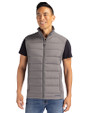 Front profile of a man wearing an Elemental Grey Cutter & Buck Evoke Hybrid Eco Softshell Recycled Mens Full Zip Vest
