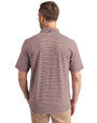 Back profile view of a man wearing a Bordeaux and White Cutter & Buck Forge Eco Double Stripe Stretch Recycled Mens Polo