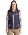 Toronto Blue Jays Cooperstown Cutter & Buck Rainier PrimaLoft® Womens Eco Insulated Full Zip Puffer Vest Dark Navy/Silver Front
