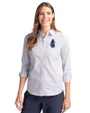 Chicago Cubs Cooperstown Cutter & Buck Easy Care Stretch Oxford Stripe Womens Long Sleeve Button Down Shirt French Blue Front