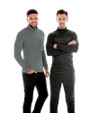 Two men posing next to each other while wearing Black and Elemental Grey Cutter & Buck Traverse Stretch Eco Stripe Quarter Zip Mens Pullover