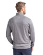 Back Profile of Man wearing an Elemental Grey Cutter & Buck Traverse Stretch Eco Stripe Quarter Zip Mens Pullover