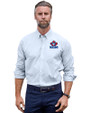 Toronto Blue Jays Cooperstown Cutter & Buck Stretch Oxford Stripe Mens Long Sleeve Dress Shirt Light Blue Front