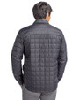 Back profile of a man wearing a Black Cutter & Buck Rainier PrimaLoft® Mens Big and Tall Eco Insulated Quilted Shirt Jacket