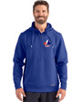 Montreal Expos Cooperstown Cutter & Buck Roam Epic Versatility Half Zip Recycled Mens Hooded Pullover Tour Blue Front