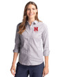 Nebraska Cornhuskers Alumni Cutter & Buck Stretch Oxford Stripe Womens Long Sleeve Dress Shirt Charcoal Front