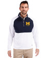 Michigan Wolverines Alumni Cutter & Buck Adapt Eco Knit Hybrid Recycled Mens Quarter Zip White/Navy Blue Front