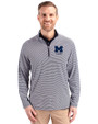 Michigan Wolverines Alumni Cutter & Buck Virtue Eco Pique Micro Stripe Recycled Mens Quarter Zip Navy Blue/White Front