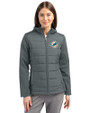 Miami Dolphins Cutter & Buck Evoke Hybrid Softshell Recycled Full Zip Womens Hooded Jacket Elemental Grey Front
