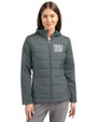 New York Giants Cutter & Buck Evoke Hybrid Softshell Recycled Full Zip Womens Hooded Jacket Elemental Grey Front