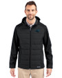 Carolina Panthers Cutter & Buck Evoke Hybrid Softshell Recycled Full Zip Mens Hooded Jacket Black Front
