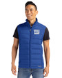 New York Giants Cutter & Buck Evoke Hybrid Softshell Recycled Mens Full Zip Vest Tour Blue Front