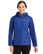 Florida Gators Cutter & Buck Evoke Hybrid Softshell Recycled Full Zip Womens Hooded Jacket Tour Blue Front
