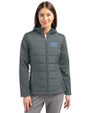 North Carolina Tar Heels Cutter & Buck Evoke Hybrid Softshell Recycled Full Zip Womens Hooded Jacket Elemental Grey Front