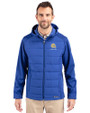 Albany State University Golden Rams Cutter & Buck Evoke Hybrid Softshell Recycled Full Zip Mens Hooded Jacket Tour Blue Front