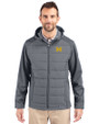 Michigan Wolverines Cutter & Buck Evoke Hybrid Softshell Recycled Full Zip Mens Hooded Jacket Elemental Grey Front