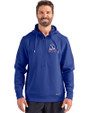 New England Patriots Historic Cutter & Buck Roam Epic Versatility Half Zip Recycled Mens Hooded Pullover Tour Blue Front
