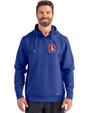 Denver Broncos Historic Cutter & Buck Roam Epic Versatility Half Zip Recycled Mens Hooded Pullover Tour Blue Front