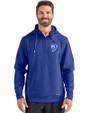 Los Angeles Rams Historic Cutter & Buck Roam Recycled Buttery-Soft Knit Mens Half Zip Hooded Pullover Tour Blue Front