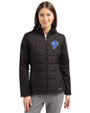Los Angeles Rams Historic Cutter & Buck Evoke Hybrid Softshell Recycled Full Zip Womens Hooded Jacket Black Front