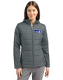 Seattle Seahawks Historic Cutter & Buck Evoke Hybrid Softshell Recycled Full Zip Womens Hooded Jacket Elemental Grey Front