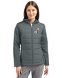 New Orleans Saints Historic Cutter & Buck Evoke Hybrid Softshell Recycled Full Zip Womens Hooded Jacket Elemental Grey Front