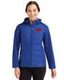 Buffalo Bills Historic Cutter & Buck Evoke Hybrid Softshell Recycled Full Zip Womens Hooded Jacket Tour Blue Front