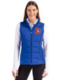 Denver Broncos Historic Cutter & Buck Evoke Hybrid Softshell Recycled Womens Full Zip Vest Tour Blue Front