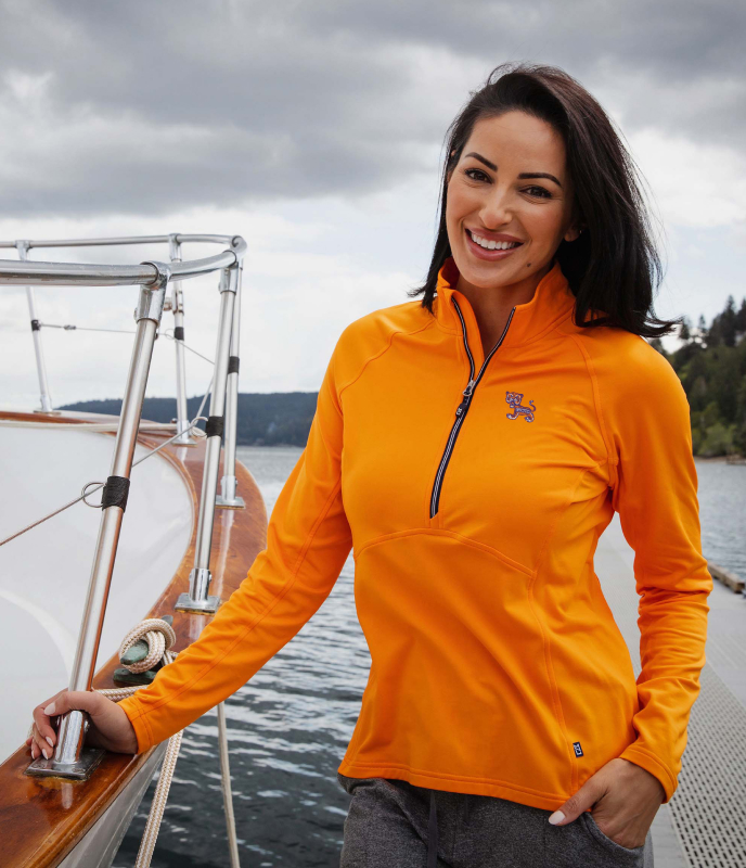 Woman wearing Clemson Tigers light pullover jacket