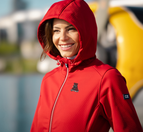 Woman wearing University of Alabama college vault jacket