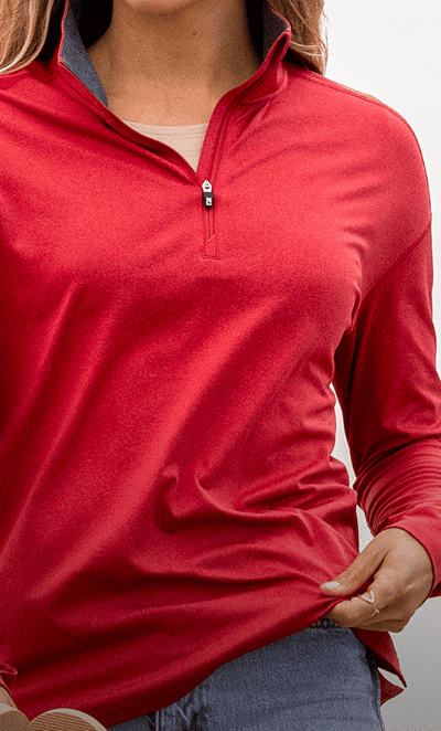 Woman Wearing Red Quarter Zip Sweatshirt