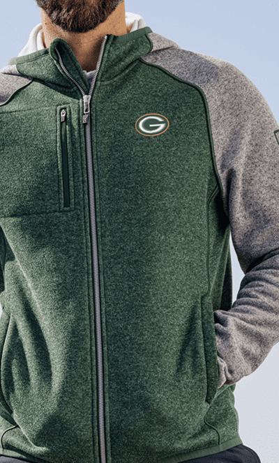 Man Wearing Green Bay Packers Full Zip Hoodie