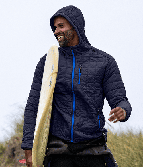 Man wearing full zip quilted Cutter & Buck jacket